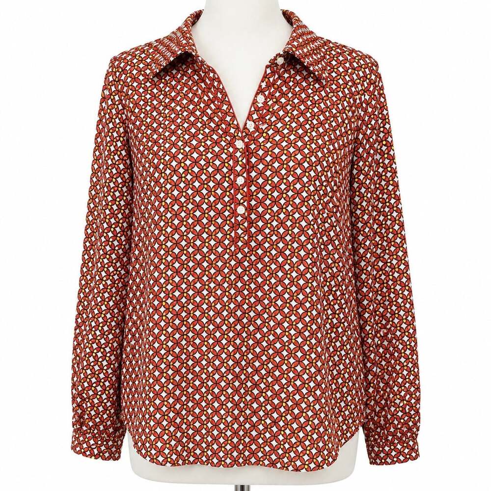 Max Studio Women’s Geometric Print Long Sleeve Blouse Size M Rust White